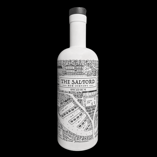 Salford Original Spiced Rum 70cl white glass bottle with black Dave Draws dockland map design.